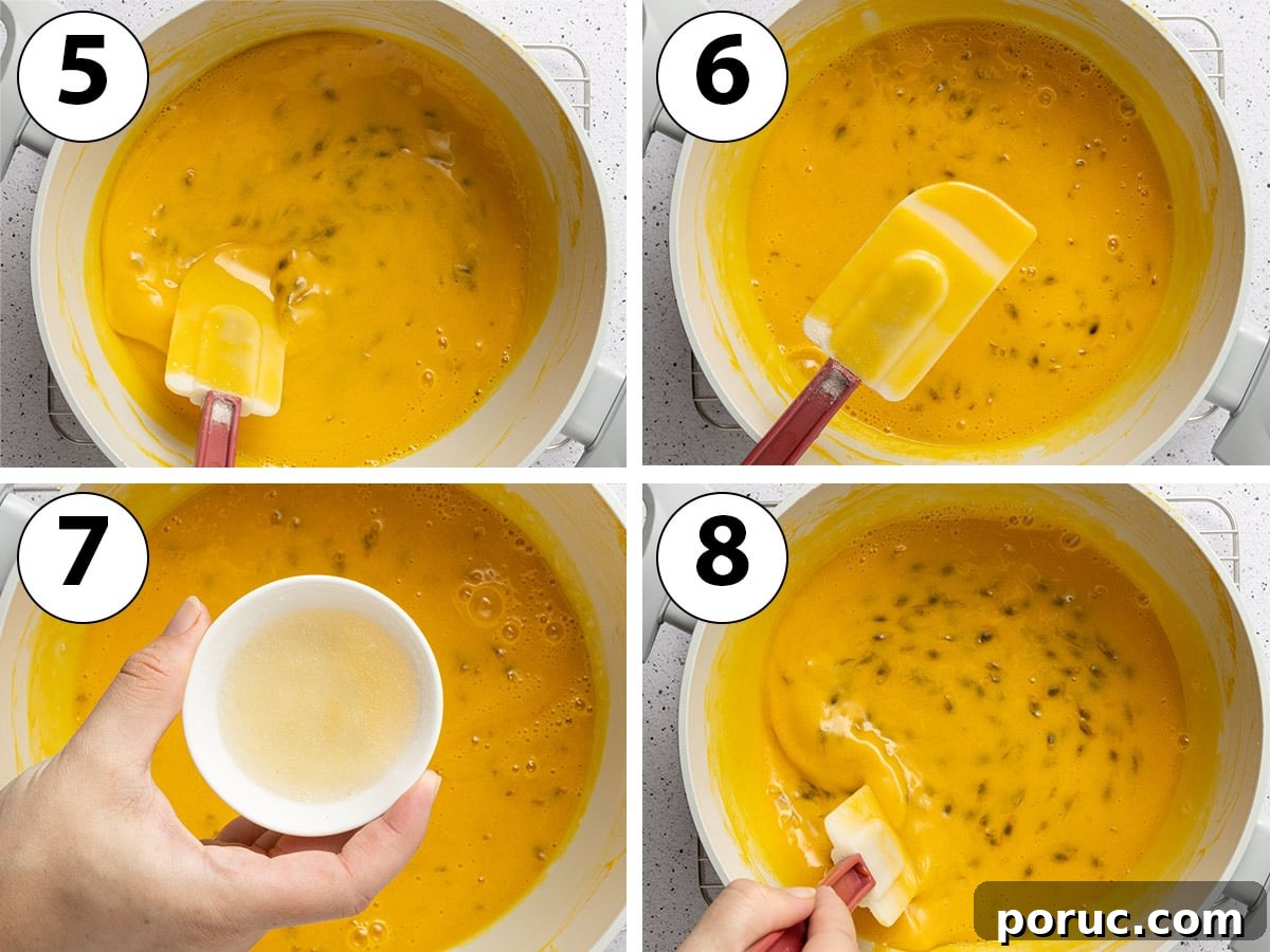 Process Shot Collage: cooking the passionfruit cremeux on the stove then adding the gelatine.