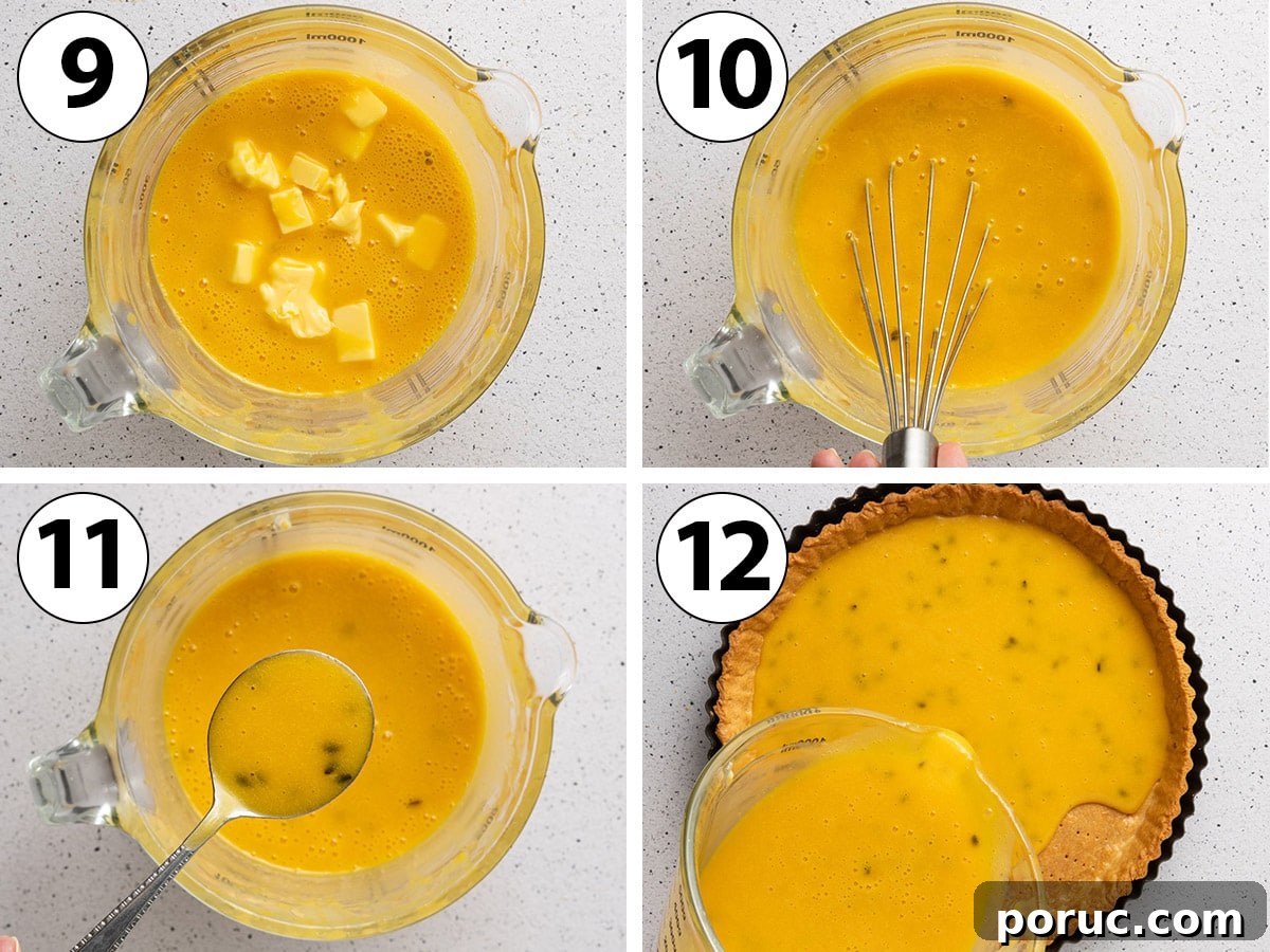 Process Shot Collage: adding the soft butter to the cooked cream off the stove then pouring it into the baked tart shell.