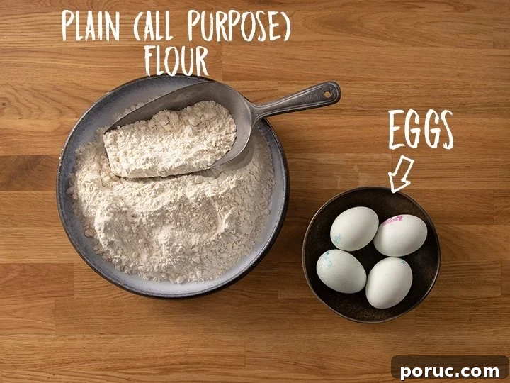 Ingredients for making homemade pasta on a wooden table