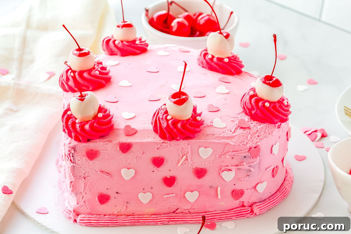 A Pink Heart Cake decorated with heart-shaped sprinkles and white chocolate covered cherries.