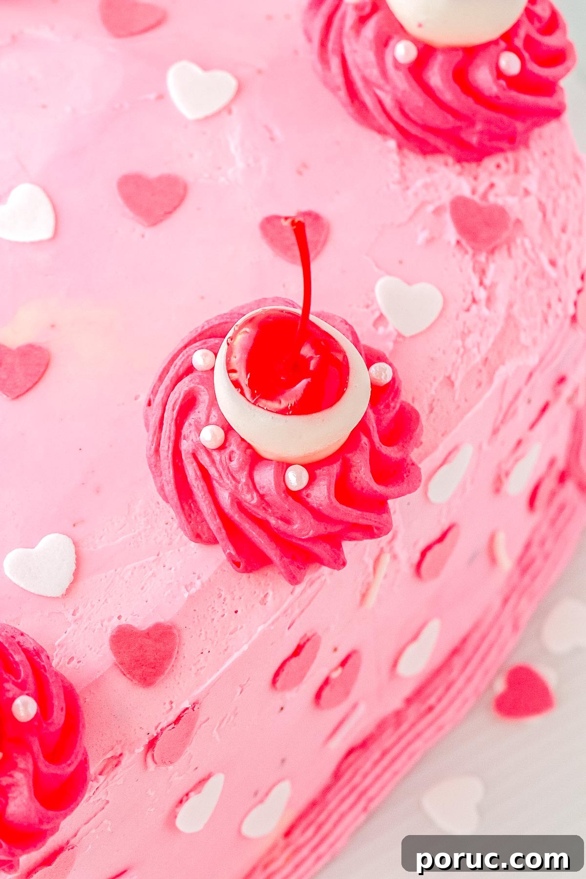 A close up of piped buttercream and sprinkles on the cake.