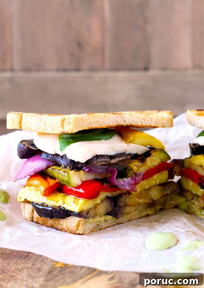Grilled Vegetable Sandwich with Fresh Mozzarella & Basil Aioli 6 Close-up of the sandwich showing the grilled veggies and mozzarella.