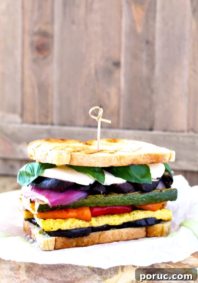 Grilled Vegetable Sandwich with Fresh Mozzarella & Basil Aioli 7 Shot of one Grilled Veggie Sandwich.