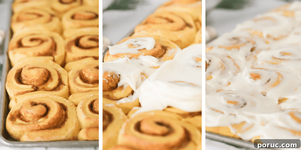 Pumpkin spice cinnamon rolls with frosting.