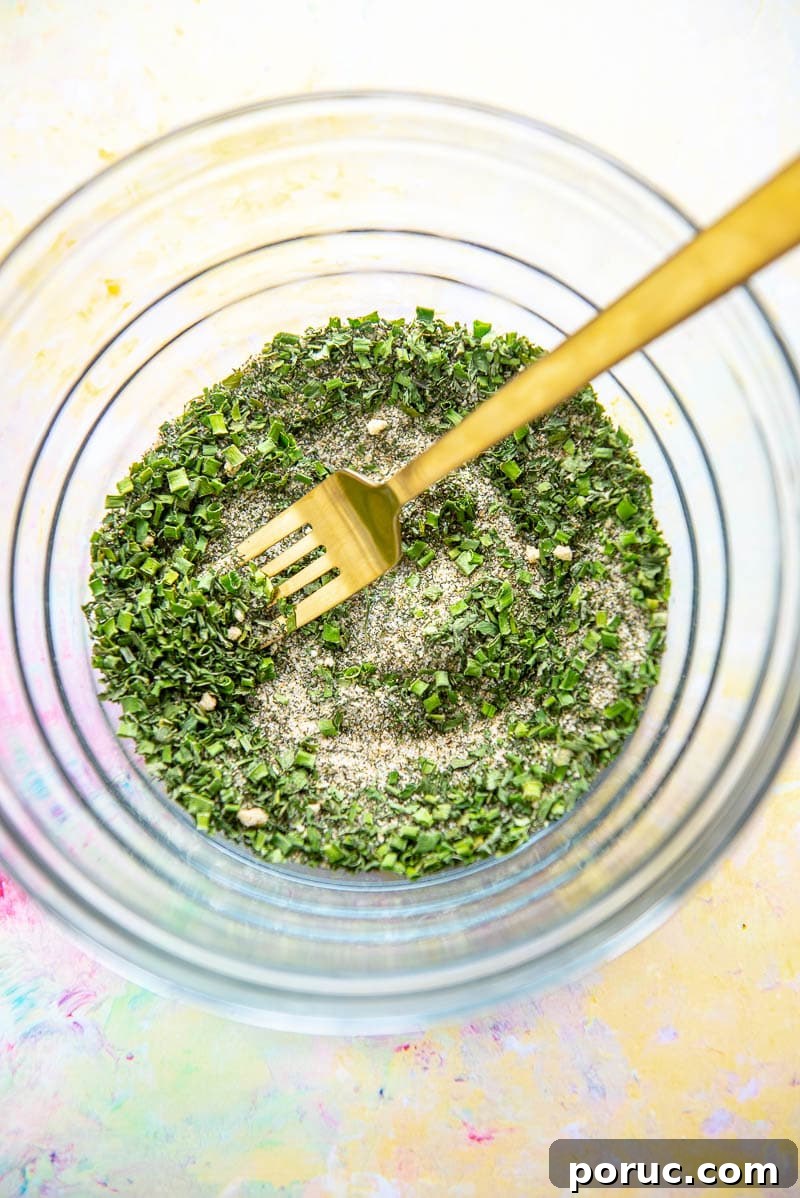 DIY Ranch Seasoning Mix Recipe – Quick Homemade Blend for Dip & Dressing 5 glass bowl with gold fork and spices