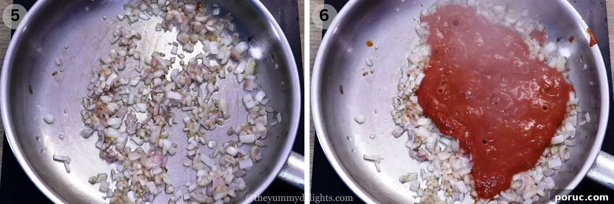 Goan Ambot Tik (Moriche Ambotik) Recipe: Tangy Spicy Fish Curry 5 collage image of 2 steps showing sauteing onions and addition of ambotik masala to make goan ambotik recipe.