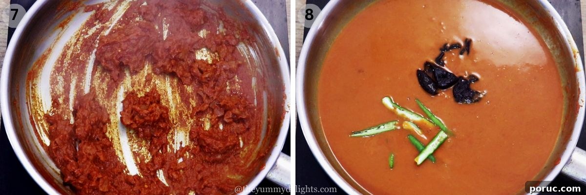 Goan Ambot Tik (Moriche Ambotik) Recipe: Tangy Spicy Fish Curry 6 collage image of 2 steps showing cooking ambotik masala paste and addition of water, kokum and green chilies to ambotik curry.
