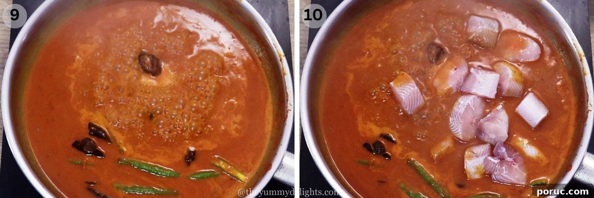 Goan Ambot Tik (Moriche Ambotik) Recipe: Tangy Spicy Fish Curry 7 collage image of 2 steps showing addition of fish to the ambotik curry.