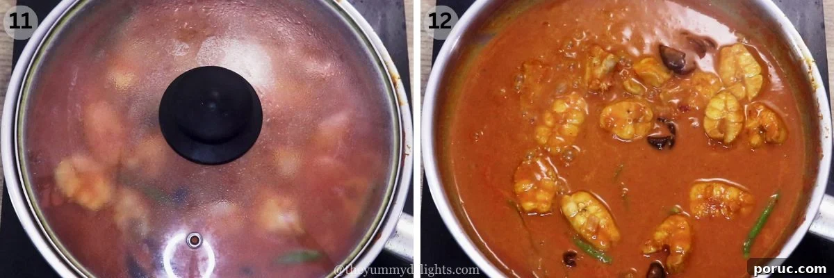 Goan Ambot Tik (Moriche Ambotik) Recipe: Tangy Spicy Fish Curry 8 collage image of 2 steps showing cooking fish in ambotik curry.