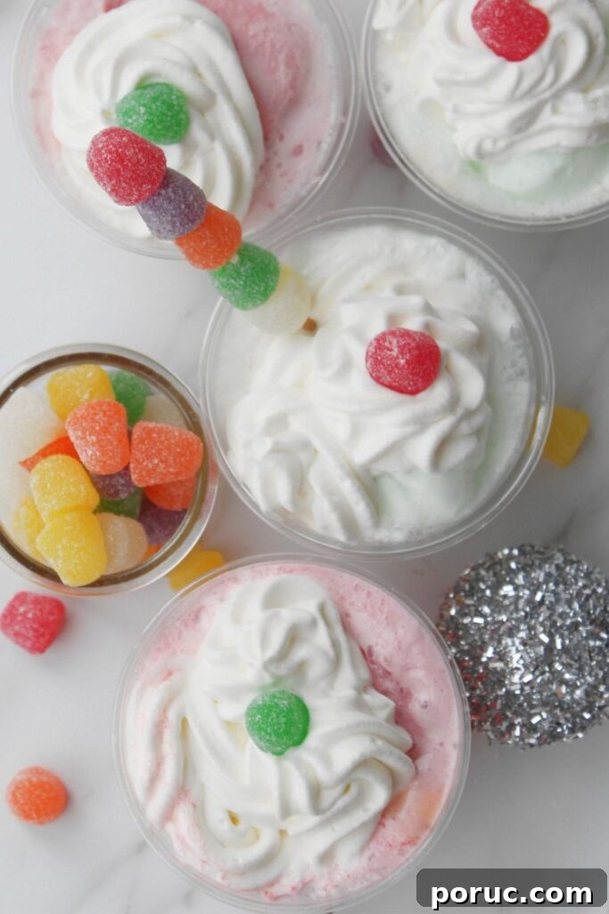 Gumdrops & Sherbet Party Punch Recipe 5 punch with sherbet on table with overhead shot of glasses