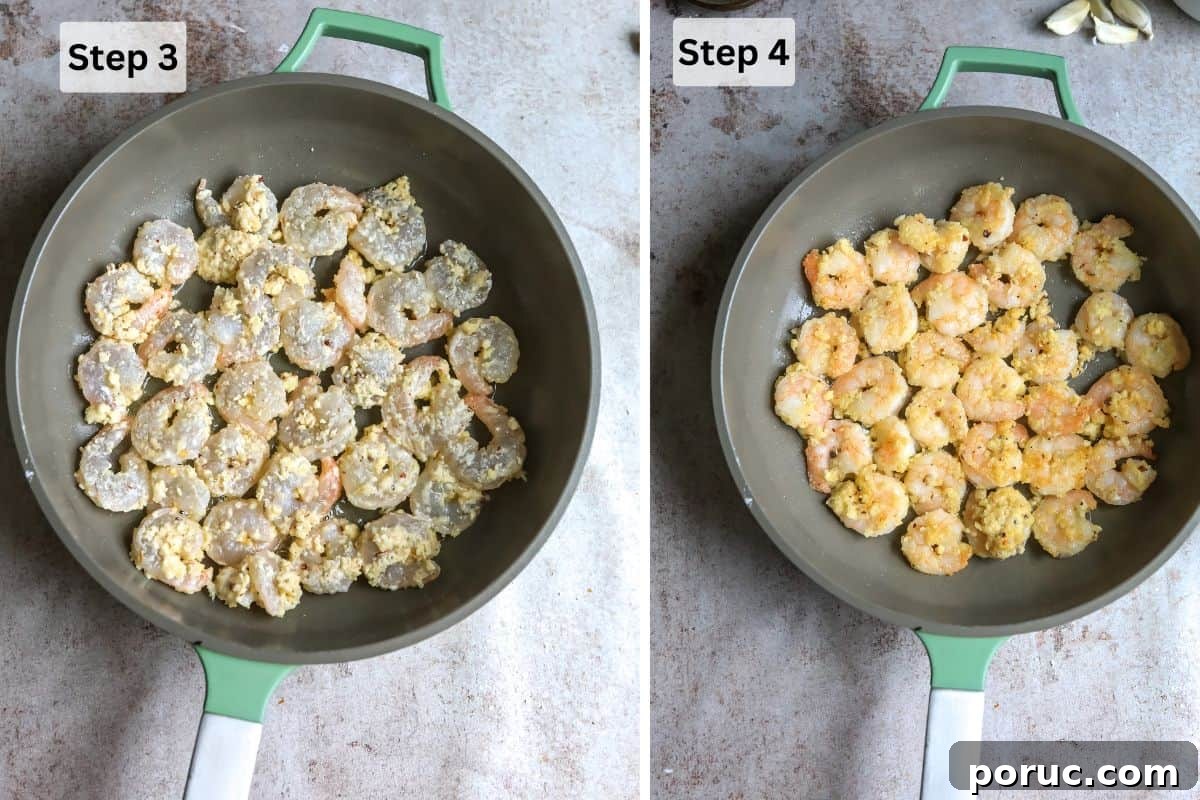 Mongolian Shrimp and Broccoli Stir-Fry Recipe 5 Shrimp in a grey skillet raw and then cooked.