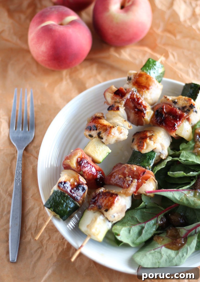 Peach Prosciutto Chicken Kabobs - a healthy, delicious recipe for the grill! AIP and Paleo, featuring prosciutto-wrapped peaches, chicken, and veggies! | fedandfulfilled.com