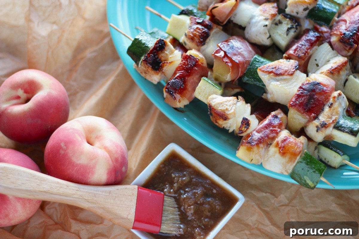 Grilled Peach and Prosciutto Chicken Kabobs (AIP-Friendly) 3 Peach Prosciutto Chicken Kabobs - an easy, healthy grilling meal full of flavor from prosciutto-wrapped peaches, grilled chicken and veggies, and a tangy peach balsamic glaze! | fedandfulfilled.com