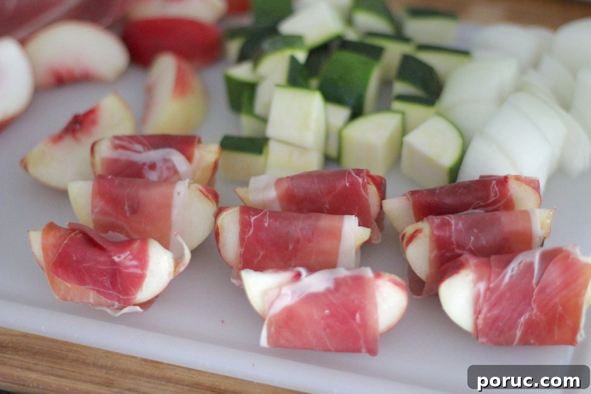 Grilled Peach and Prosciutto Chicken Kabobs (AIP-Friendly) 5 Peach Prosciutto Chicken Kabobs - a simple, delicious recipe for the grill featuring prosciutto-wrapped peaches, chicken, and summer veggies! | fedandfulfilled.com