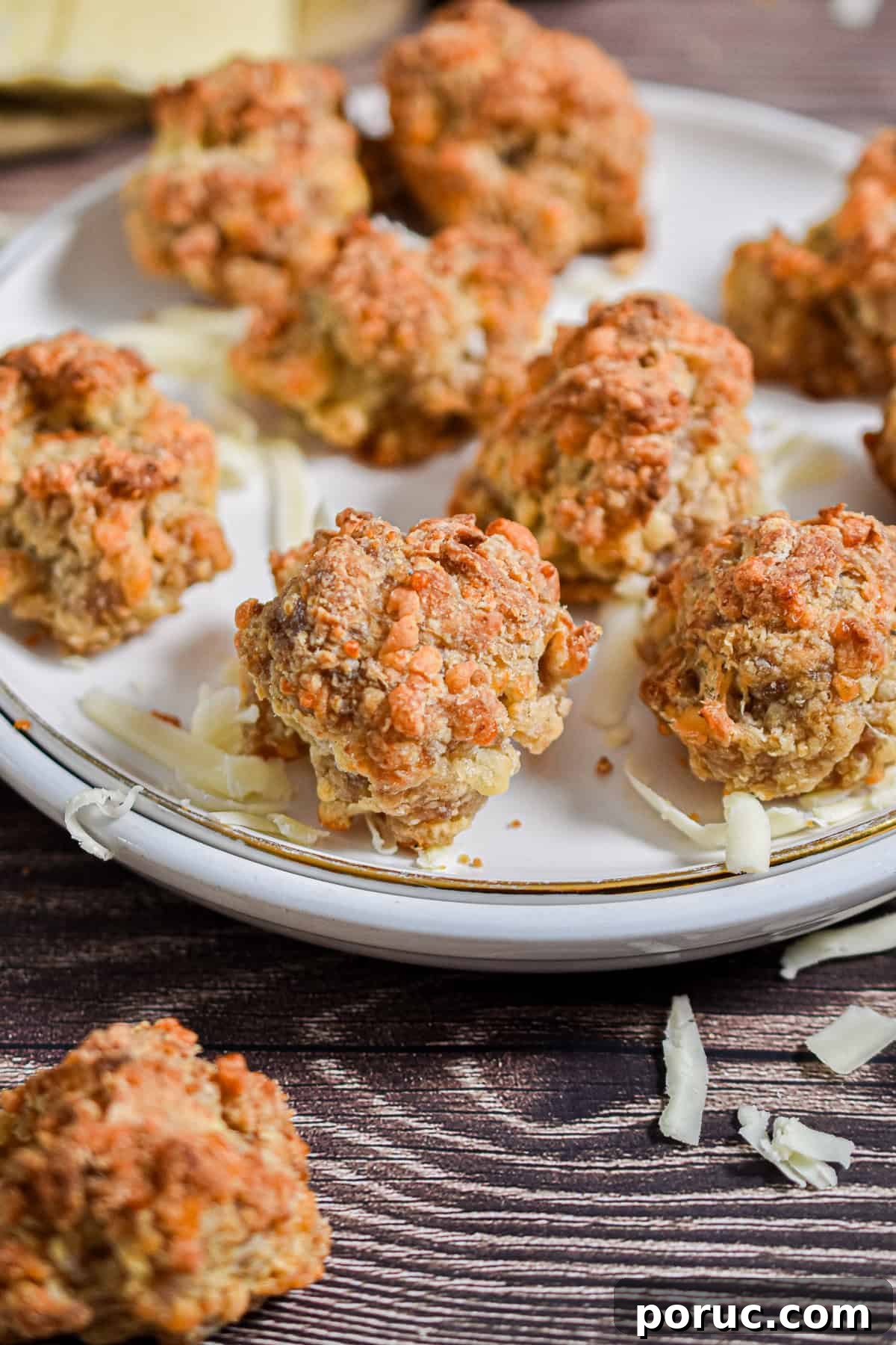 Cheesy Sausage Balls with 3 Ingredients: Quick Party Appetizer 2 The Bisquick sausage balls are on a white plate surrounded by shredded cheese.