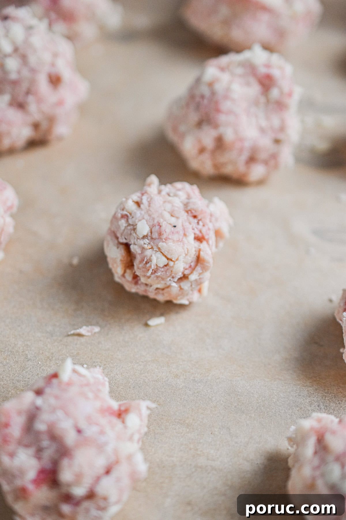 Cheesy Sausage Balls with 3 Ingredients: Quick Party Appetizer 6 The sausage balls are on a parchment paper lined baking sheet.