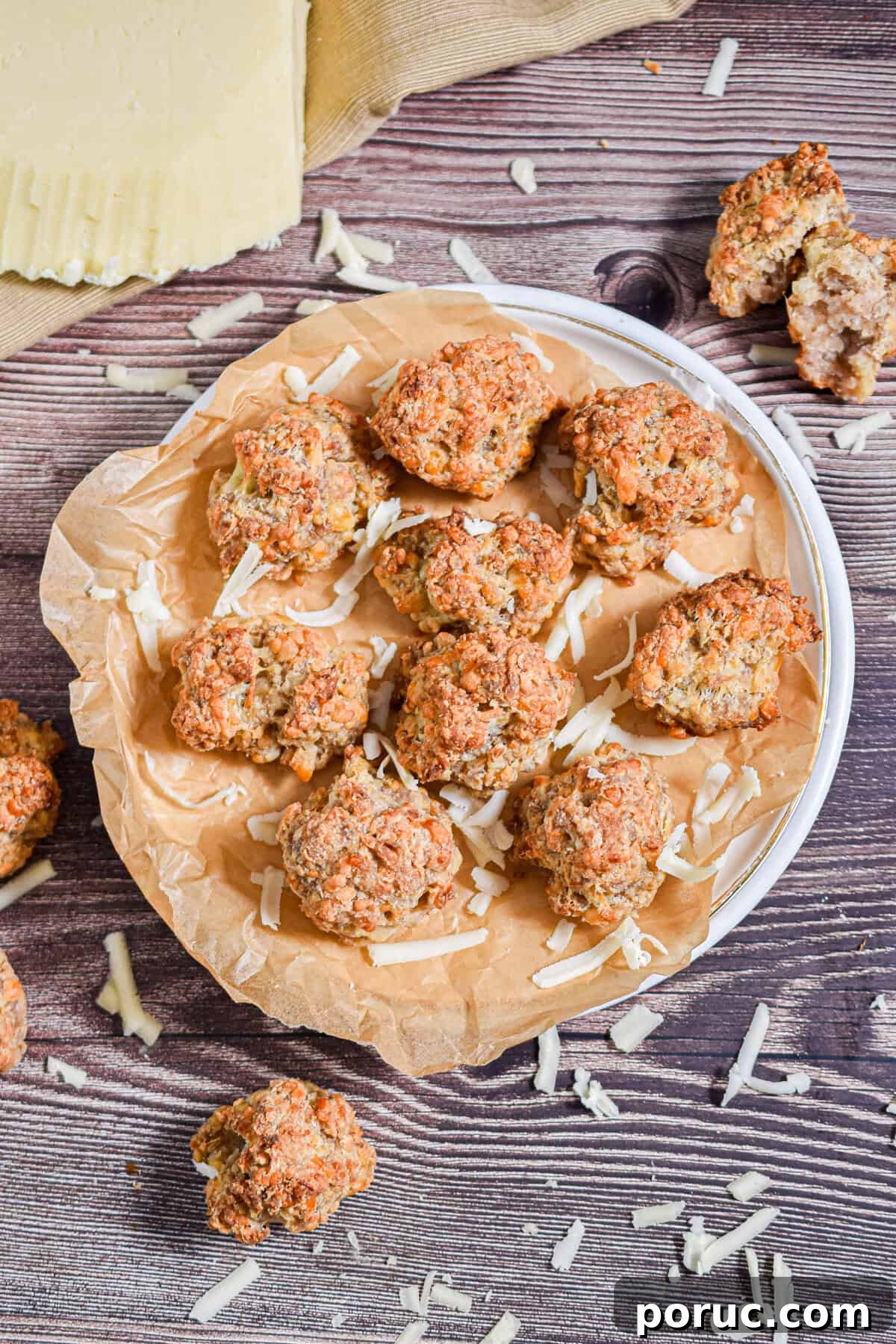 Cheesy Sausage Balls with 3 Ingredients: Quick Party Appetizer 7 A piece of parchment paper is lined a white plate surrounded by shredded cheese.