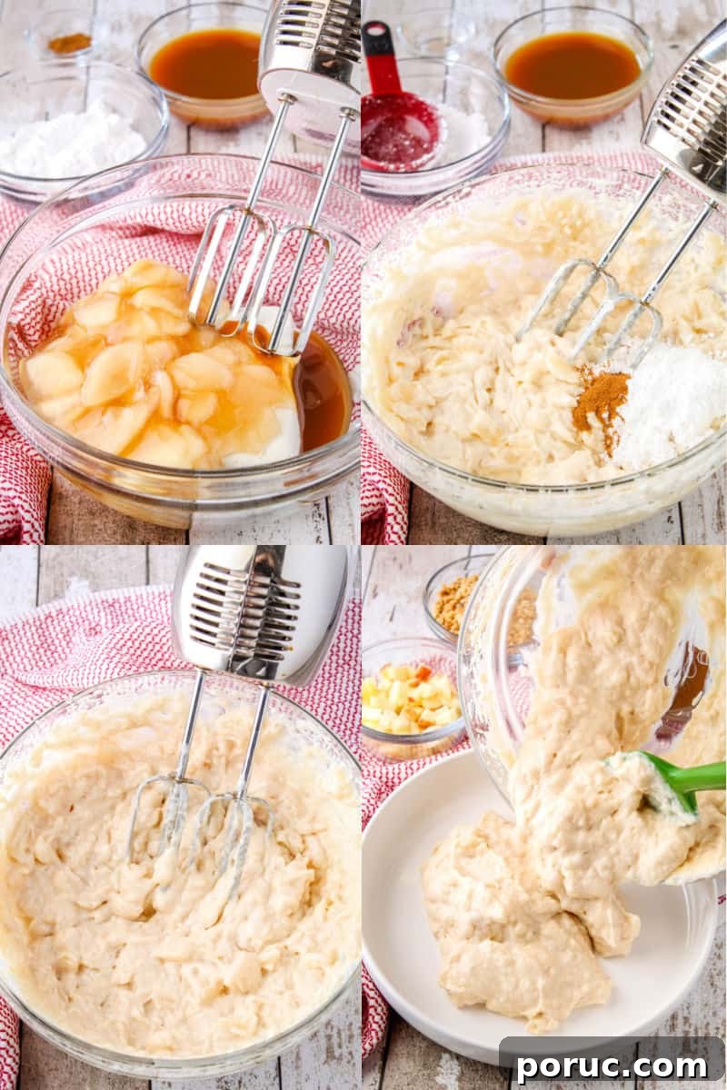 Get all the Fall feels with this 5-minute Caramel Apple Cheesecake Dip! Crazy easy to make and perfect for sharing! apple cheesecake ingredients in a mixing bowl with a hand mixer, mix dip with spices on top, finished cheesecake dip in a mixing bowl, rubber spatula pouring cheesecake dip into a shallow serving bowl