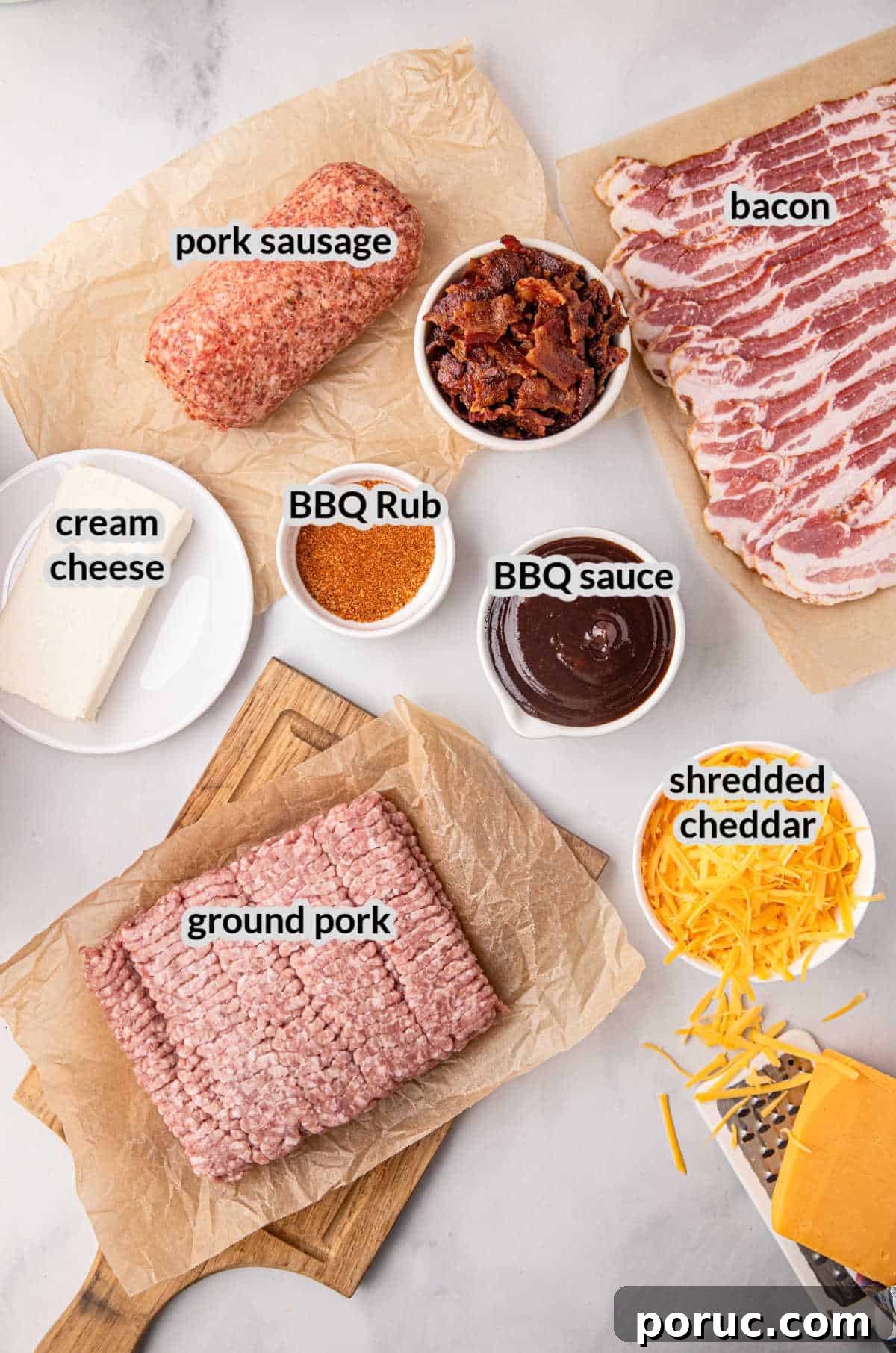 Ultimate Bacon Explosion Recipe: Stuffed Bacon-Wrapped Meatloaf 3 Overhead Image of Bacon Explosion Ingredients