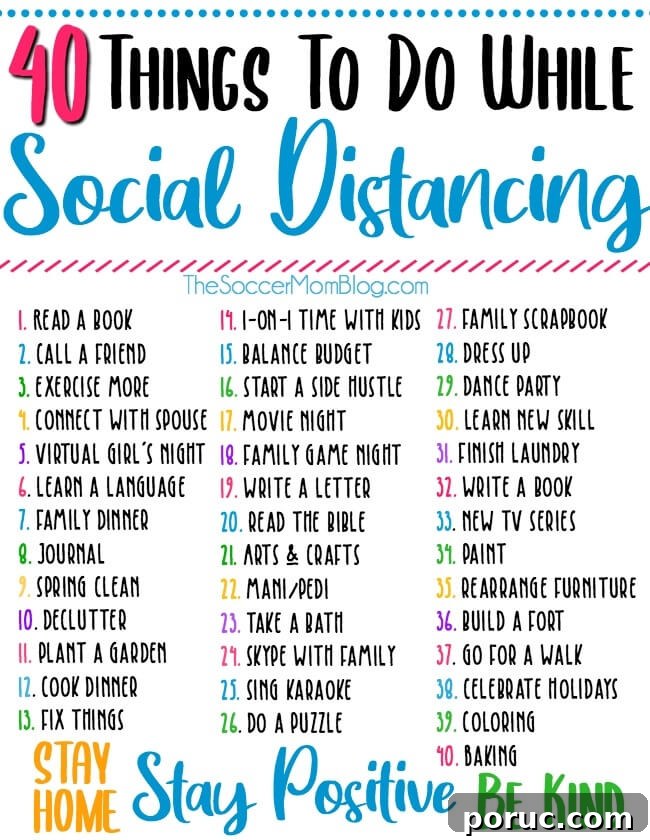 40 Uplifting Activities to Try While Social Distancing 3 In this post you'll find a list of 40 ideas for fun things to do at home, by yourself or with your family, with no special supplies needed. Whether you're practicing social distancing or simply looking for fun things to do indoors, I hope this list will inspire you to try something new and make positive changes in your life!