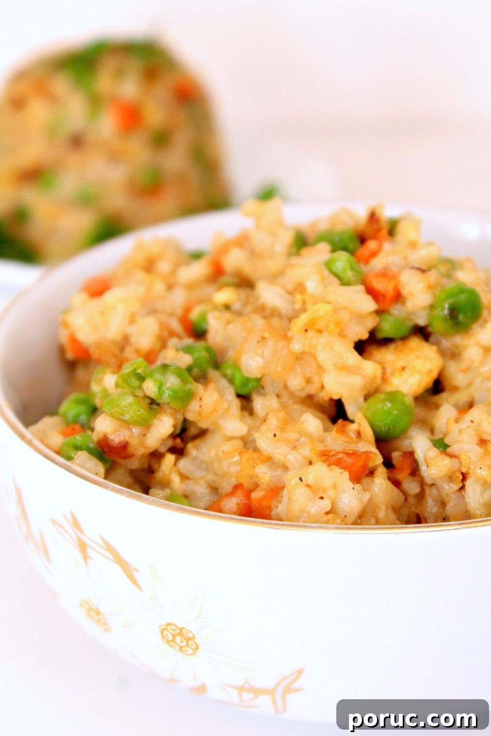 Image of vegetable egg fried rice recipe in a white bowl