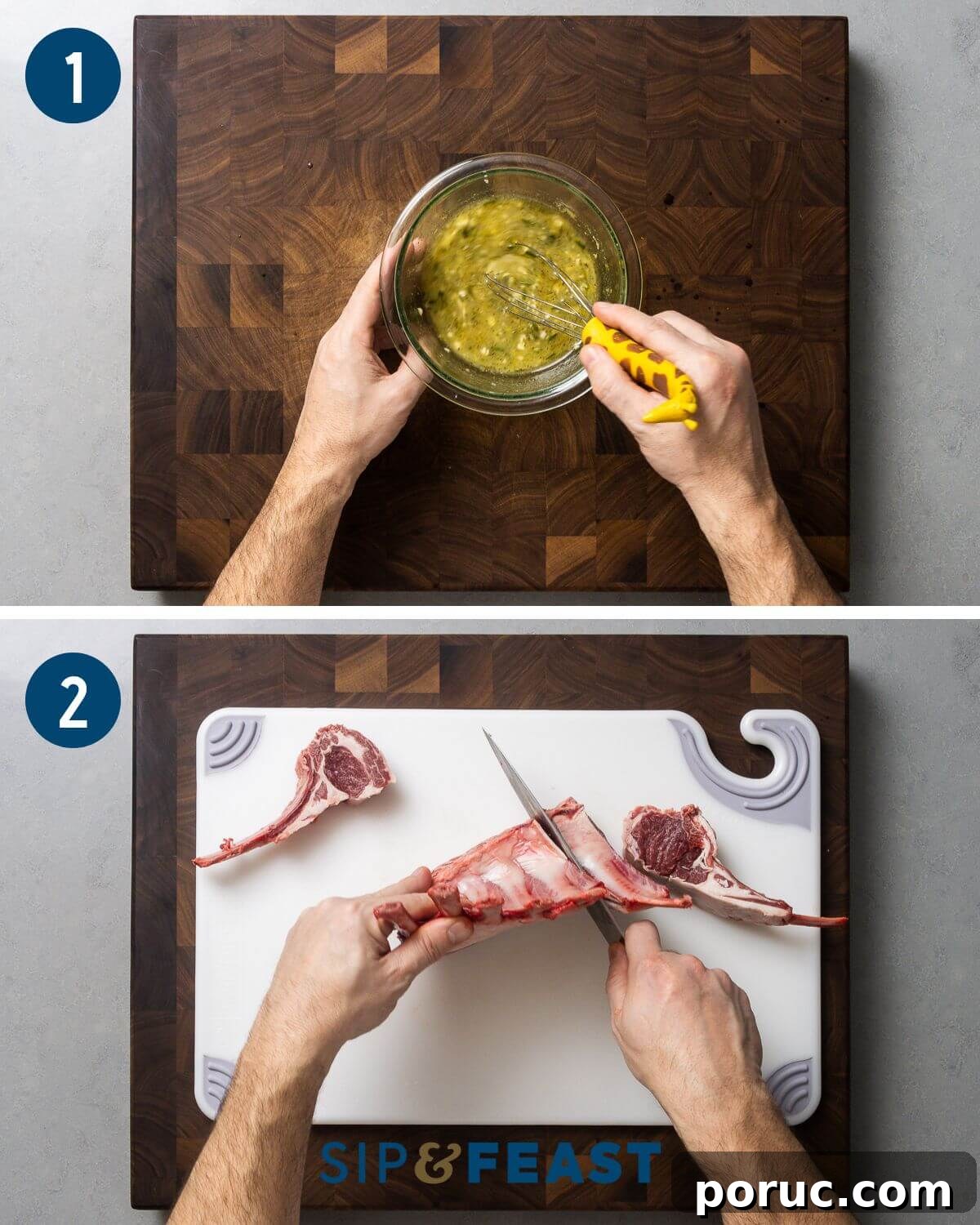 Lemon Garlic Grilled Lamb Rib Chops Recipe for Juicy Flavor 4 Grilled lemon garlic lamb rib chops recipe collage group one showing mixing of marinade and cutting rack of lamb into rib chops.