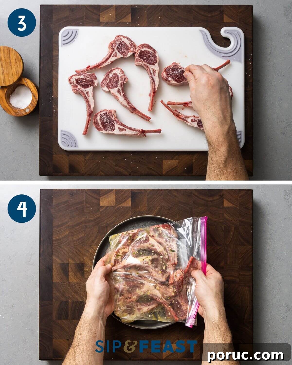 Lemon Garlic Grilled Lamb Rib Chops Recipe for Juicy Flavor 5 Recipe collage two showing salting rib chops and mixing chops in plastic bag with marinade.