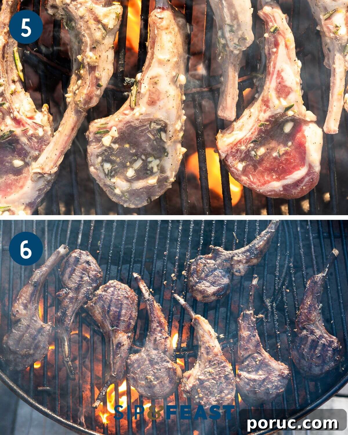 Lemon Garlic Grilled Lamb Rib Chops Recipe for Juicy Flavor 6 Recipe collage group three showing grilling of chops on charcoal grill.