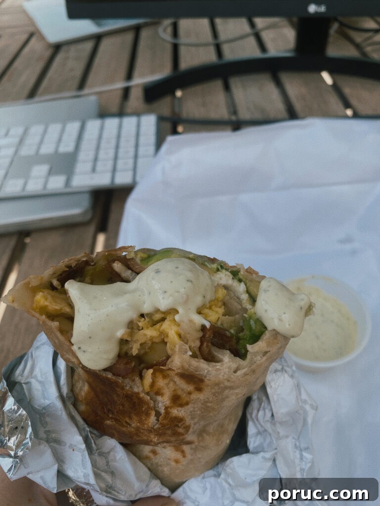 Skier’s Breakfast Burrito at Beaumont Bakery: A Savory Morning Bite 4 Breakfast burrito with sauce