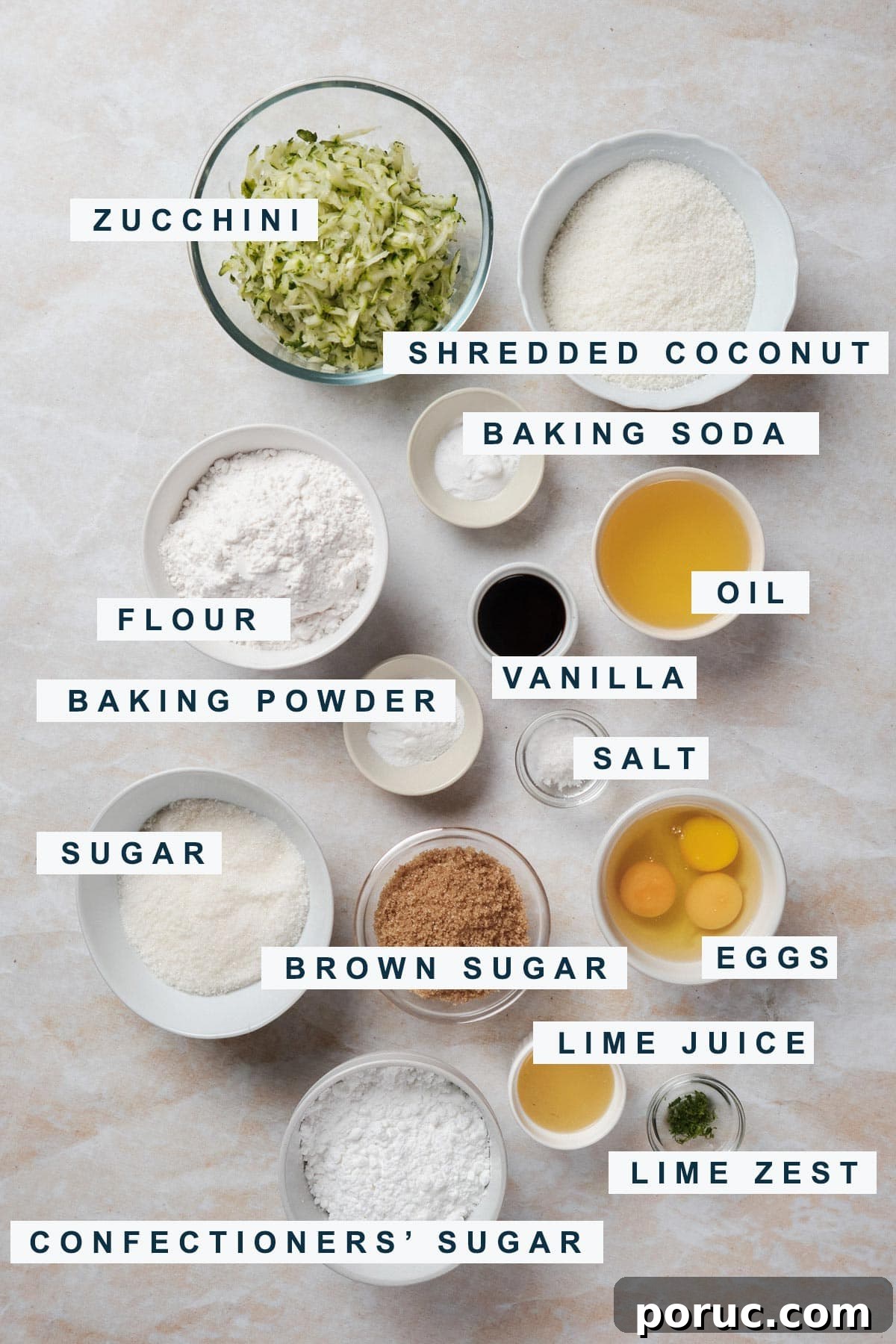 zucchini coconut bundt cake ingredients include oil, eggs, brown sugar, shredded coconut, and shredded zucchini.