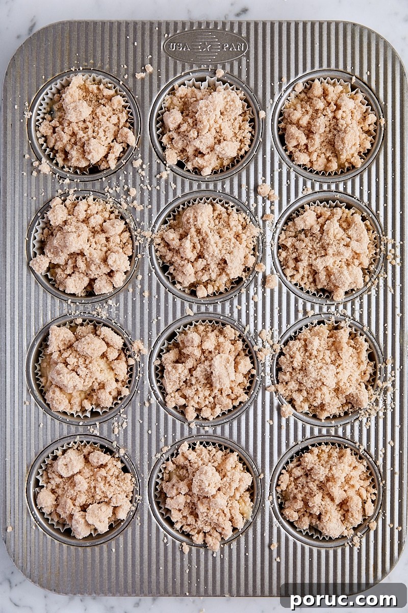 Blueberry muffin batter scooped into muffin tin and sprinkled with crumb topping
