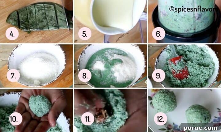 Paan Coconut Ladoo Recipe: How to Make Minty Indian Sweets 5 a collage of steps to make the ladoo