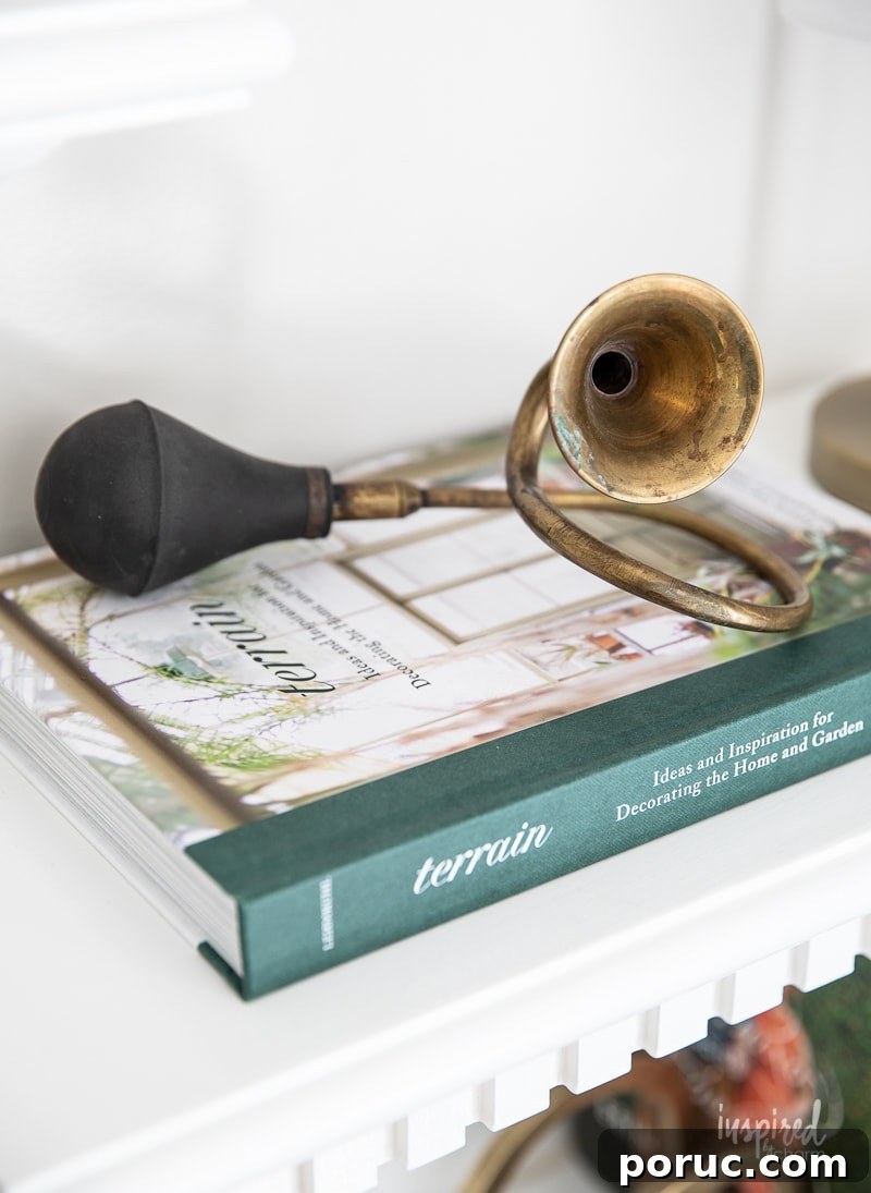 Hidden Vintage Treasures: My Latest Retro Finds and Collectibles 6 Brass horn styled on shelf