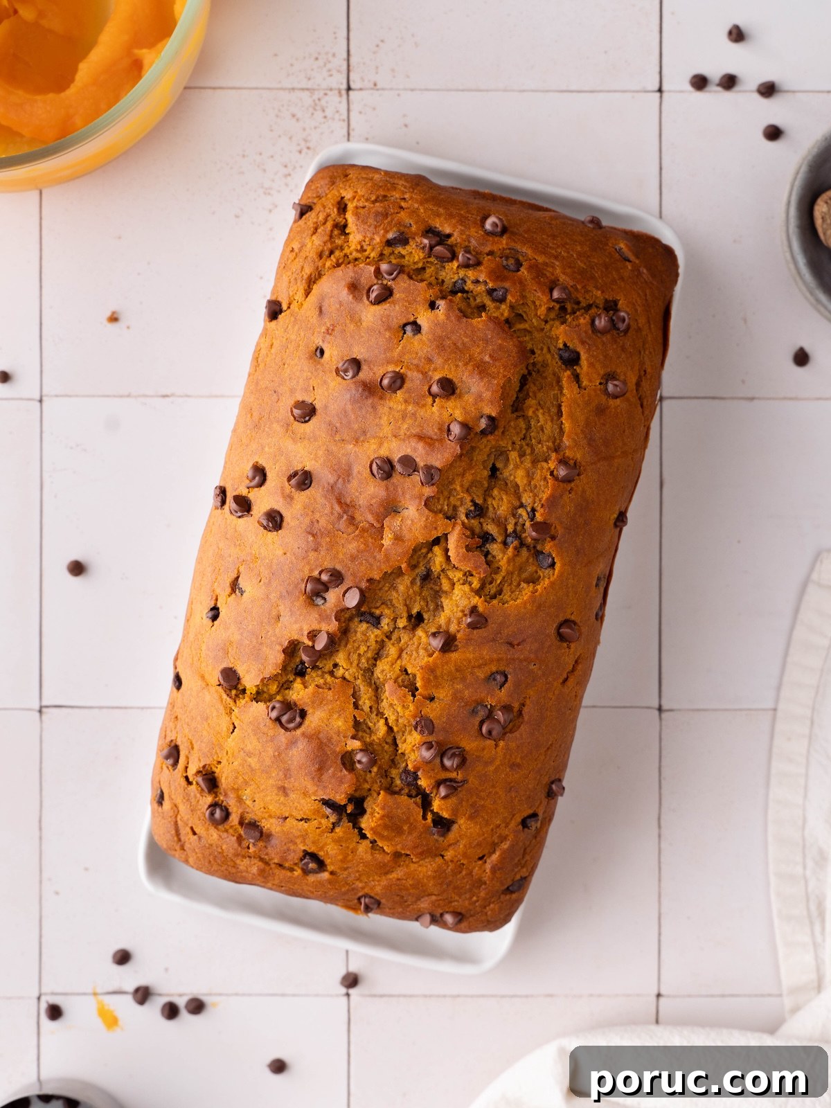 A freshly baked loaf of chocolate chip sourdough pumpkin bread