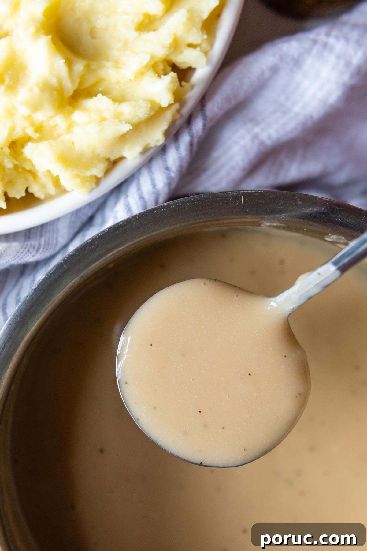 Velvety Gluten-Free Gravy Without Pan Drippings — Thickener Tips 6 a small ladle holding up gravy from a pot.