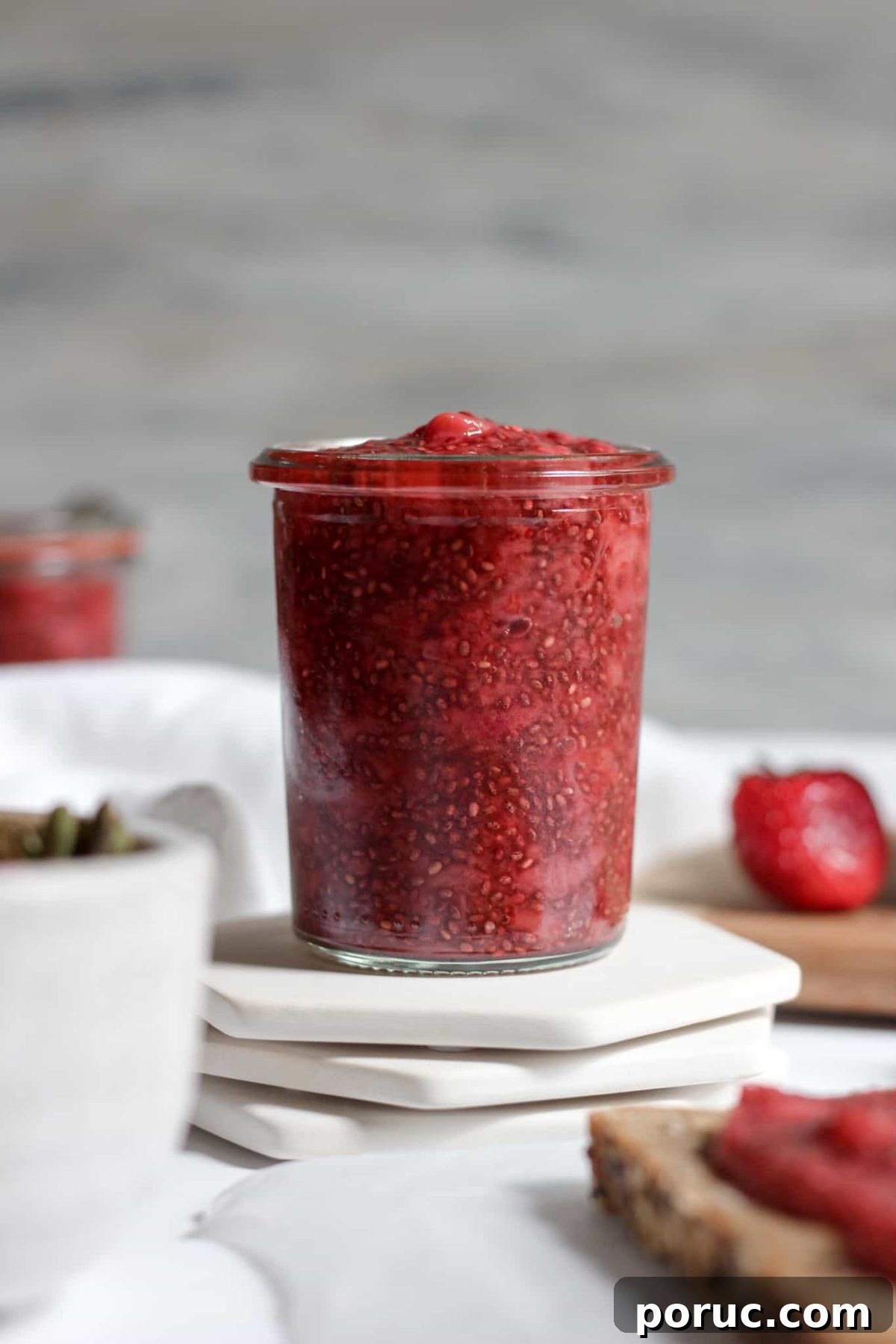 Homemade Strawberry Chia Seed Jam Glass Jar of Homemade Fruit Spread, Healthy Berry Jam