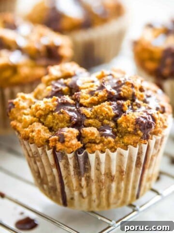 A baking rack with pumpkin muffins with chocolate drizzle on them.