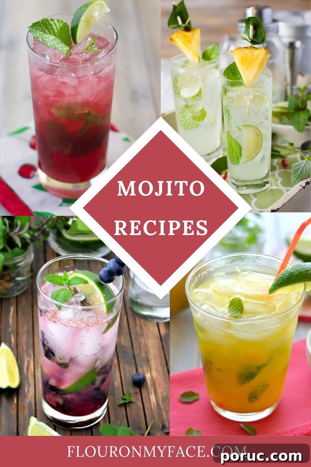 Collage image of 4 Mojito cocktails in glasses.