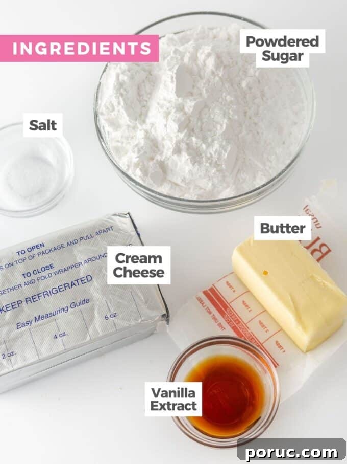 Cream Cheese Frosting Recipe for Perfect Cinnamon Rolls 4 Flatlay of cream cheese frosting ingredients labeled on a white background: cream cheese, butter, powdered sugar, salt, and vanilla extract