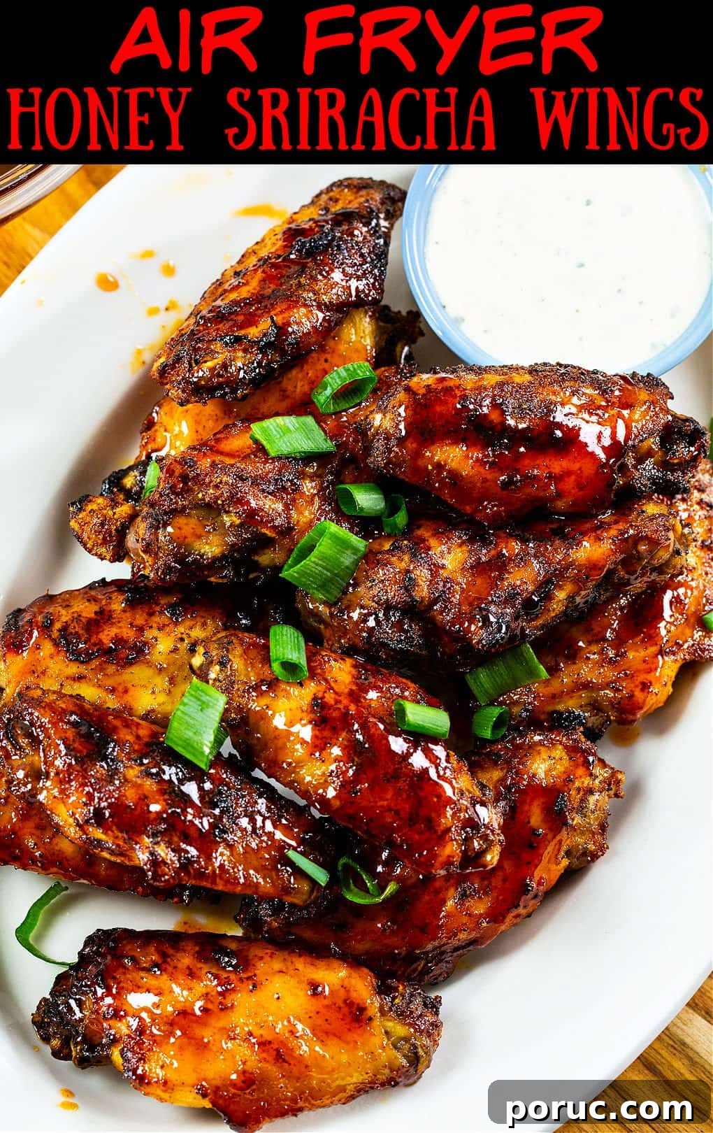 Air Fryer Honey Sriracha Wings on a plate.