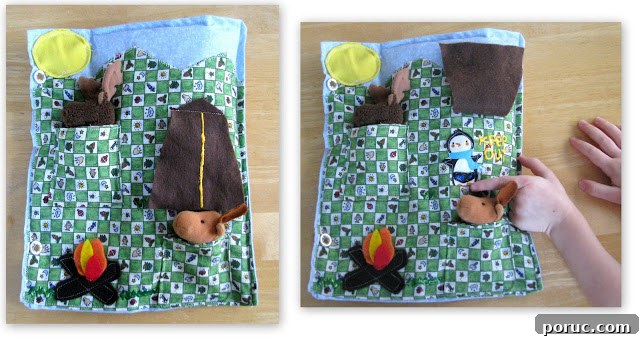 quiet book camping page with tent and finger puppets.