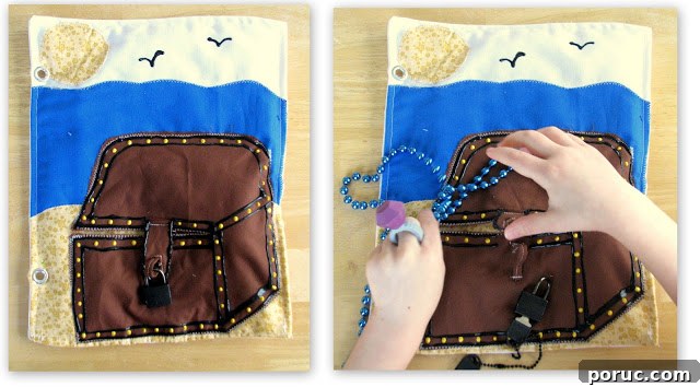 treasure chest quiet book page with flap and beaded necklaces