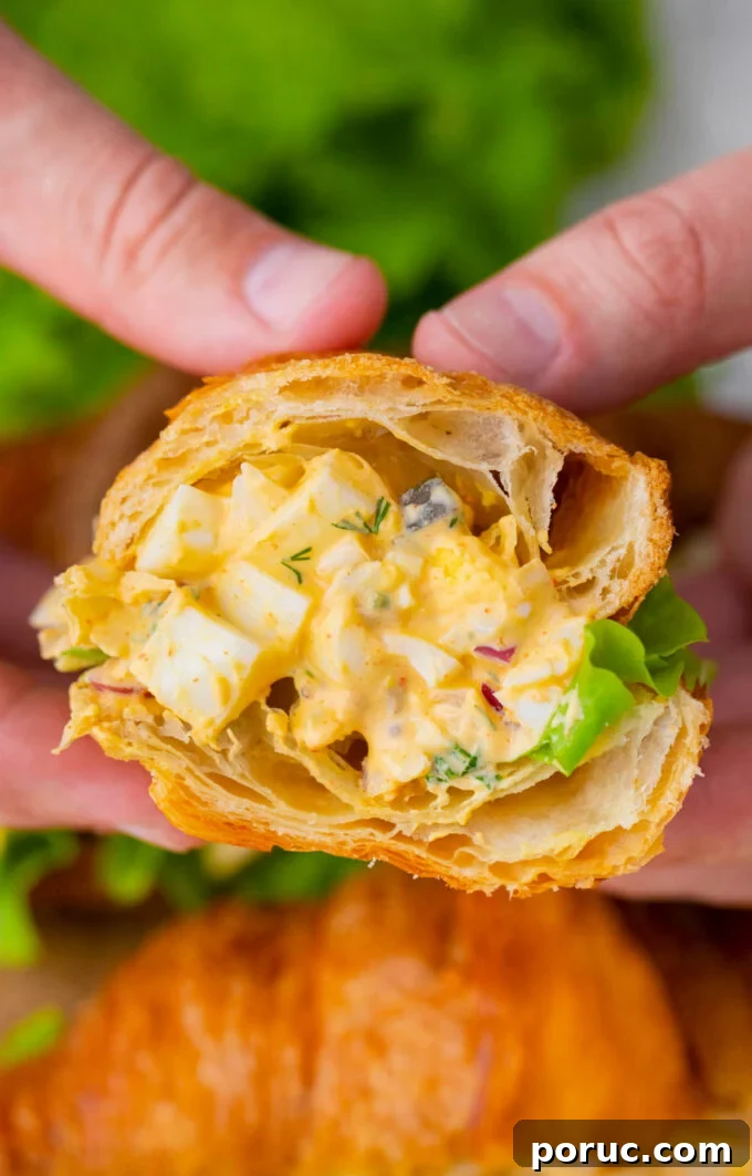 Sliced croissant stuffed with egg salad.