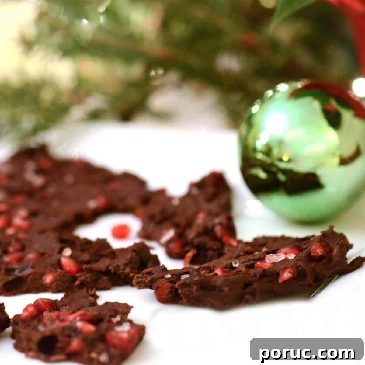 Some Chocolate Bark with a green ornament.