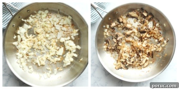 Vegetable Potstickers Recipe: Crispy Pan-Fried Dumplings 4 Sauteed onion and mushrooms in skillet.