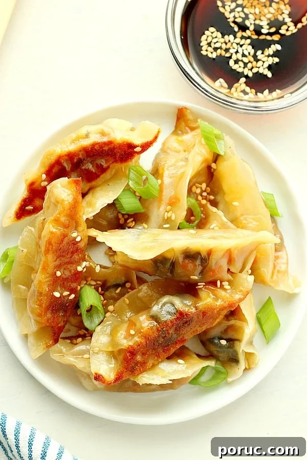Vegetable Potstickers Recipe: Crispy Pan-Fried Dumplings 8 Pan-fried Asian dumplings on a plate.