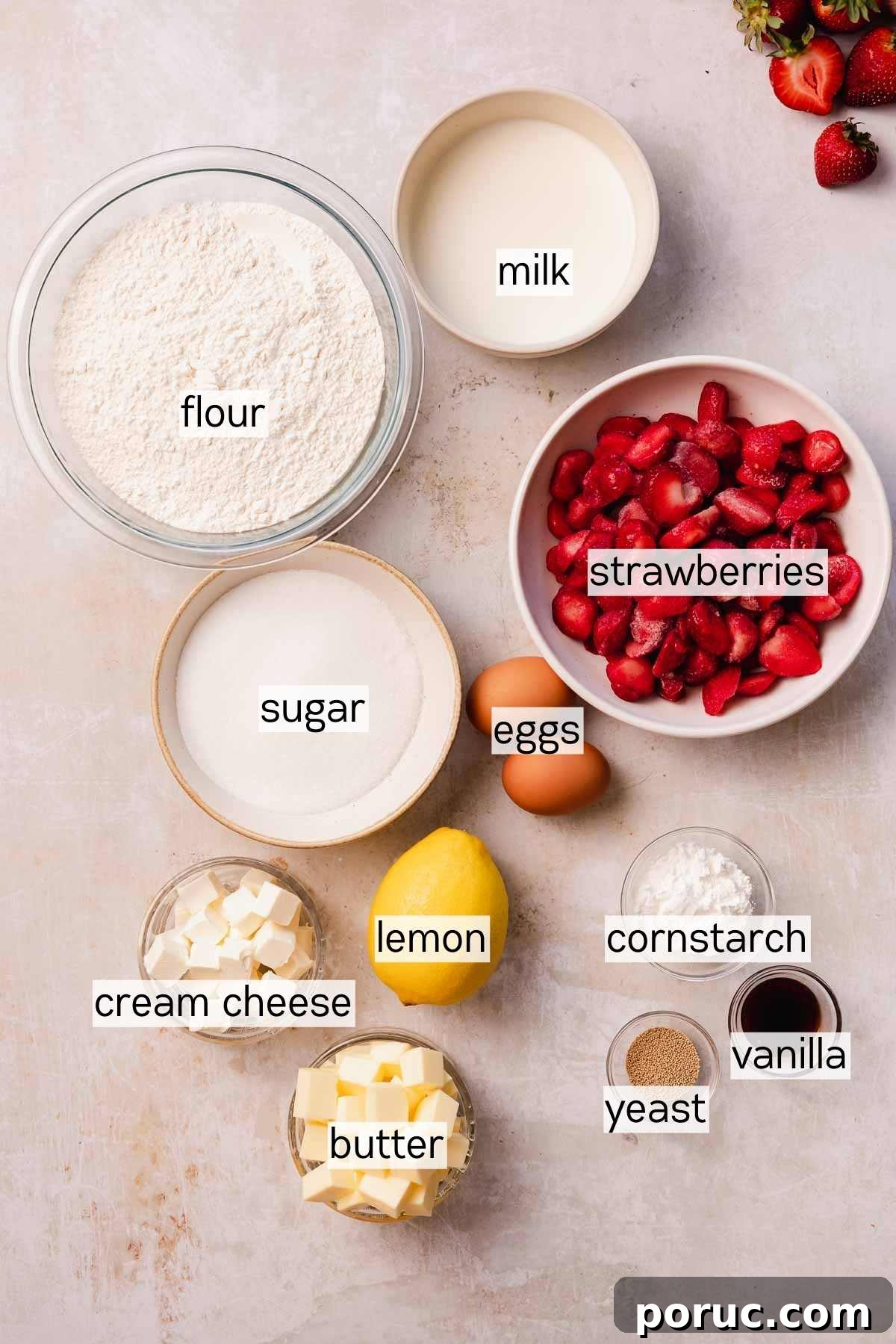 Strawberry Cinnamon Roll Recipe — Soft, Sweet, Homemade Treat 4 strawberry cinnamon roll ingredients in bowls
