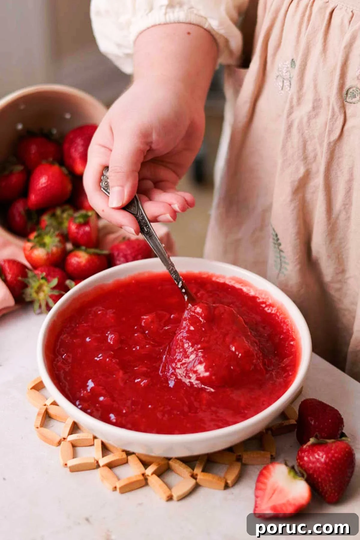 Strawberry Cinnamon Roll Recipe — Soft, Sweet, Homemade Treat 6 cooked strawberry sauce in a bowl