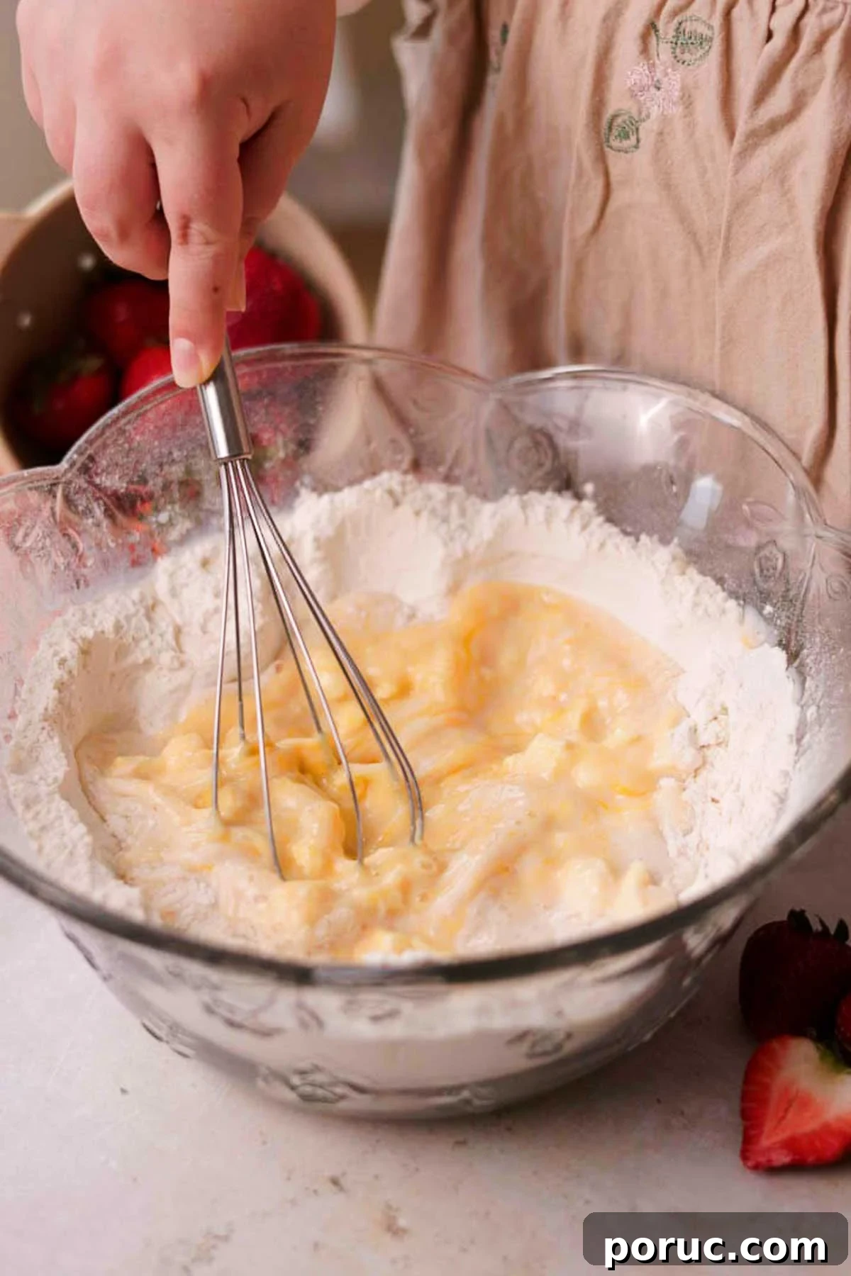 Strawberry Cinnamon Roll Recipe — Soft, Sweet, Homemade Treat 8 whisking wet ingredients inside of a flour well in a large glass bowl