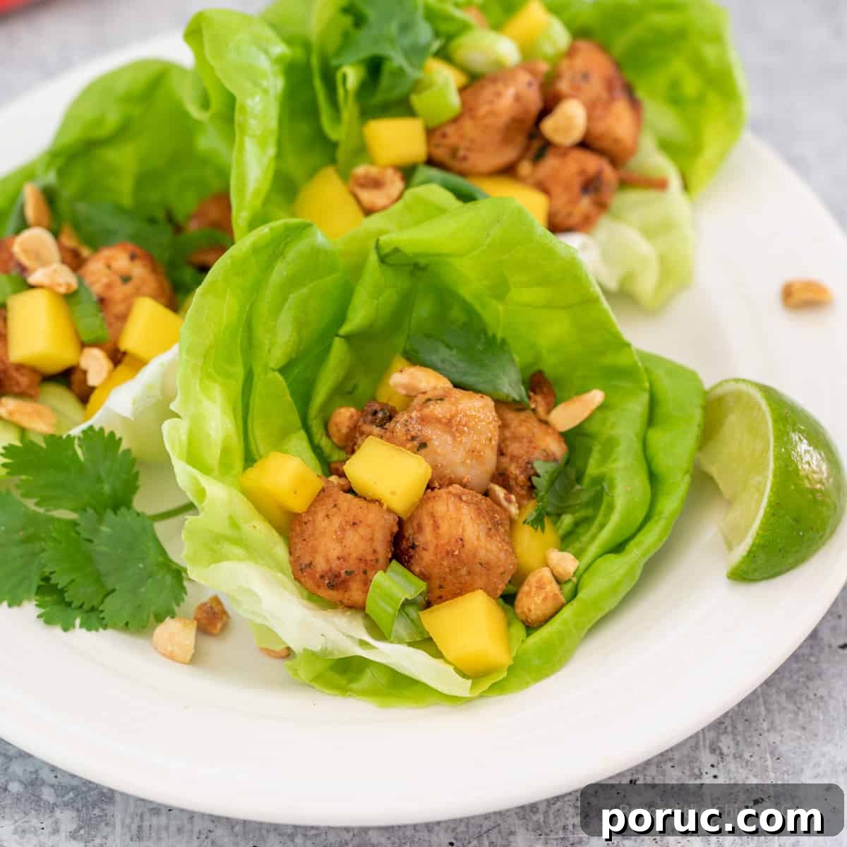 Jamaican Jerk Chicken Lettuce Wraps with Mango Salsa 2 Lettuce wraps with chicken, nuts and mangoes.